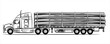 Semi truck with bunch of logs on the road. American truck on motorway. Flatbed trailer truck abstract silhouette on white background. Logging Truck sketch. Trailer with axle extendable trailer rigged.