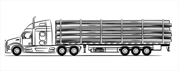 Wall Mural - Semi truck with bunch of logs on the road. American truck on motorway. Flatbed trailer truck abstract silhouette on white background. Logging Truck sketch. Trailer with axle extendable trailer rigged.