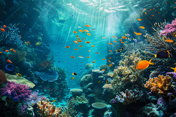 Wall Mural - vibrant underwater scene, teeming with colorful coral reefs and tropical fish