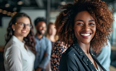 Wall Mural - diverse business team smiling standing in a meeting room, in the style of jazzy, fashionable flair. generative AI