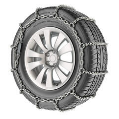 Fototapete - Car wheel with snow chain, 3D rendering isolated on transparent background