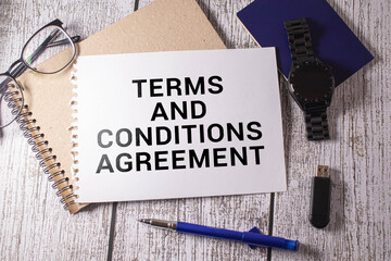 Poster - Terms and Conditions word written on wood block. Terms and Conditions text on table, concept.