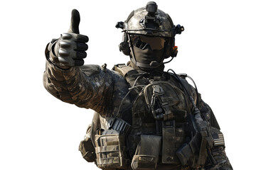 Wall Mural - A soldier shows approval by raising his finger up, cut out - stock png.