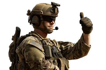 Wall Mural - A soldier shows approval by raising his finger up, cut out - stock png.