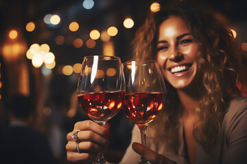 Girl in street café carrying two glasses of wine