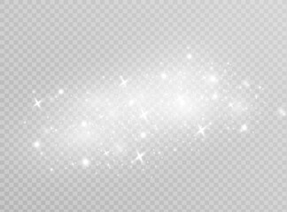 Wall Mural - The dust sparks and white stars shine with special light. Vector sparkles on a transparent background. Christmas light effect.