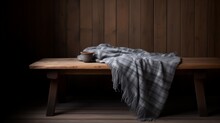 Interior Of A Rural House With Wooden Bench With A Grey Woollen Blanket. 