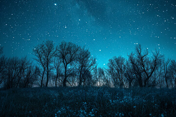 Blue dark night sky with many stars above field of trees.