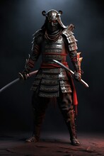 A Samurai Warrior In Traditional Armor And A Mask Holding Two Katanas