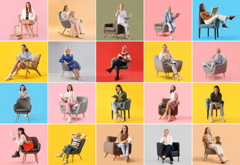 Wall Mural - Collage of different women and man in comfortable armchairs on color background