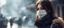 Woman With Facial Mask In The City Covered With Smog, Pollution Problem