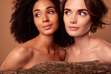 photo of two people girls advertising new beauty technology apply treatment with organic tree extrac