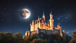 Château de conte de fée sans les montagnes boisées avec un ciel étoilé et la pleine lune