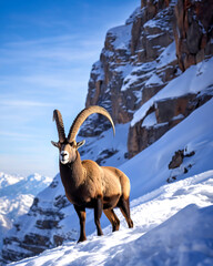 Un bouquetin avec de longues cornes dans les montagnes enneigées