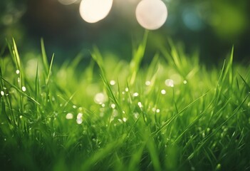 Fresh green garden grass in spring or summer with bright bokeh of blurred foliage