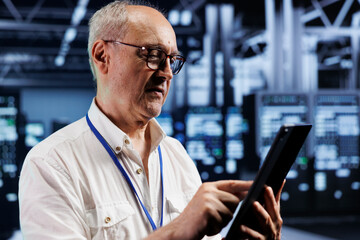 Poster - Meticulous repairman in crypto mining farm with specialized units using Blockchain technology. Fintech specialist holding clipboard, inspecting asic blade servers solving hashing operations