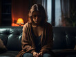 Sad lonely woman sitting alone in dark living room, depression and mental health