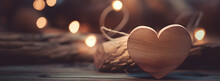 Wooden Heart In Front Of A Limb With Lights In The Background