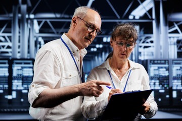 Poster - Technical support consultants fixing server system failures. Old mechanics brainstorming ideas on how to best minimize high tech data storage business downtime and prevent damage