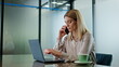 © stockbusters - Confident manager speaking cellphone office interior. Closeup ceo calling mobile