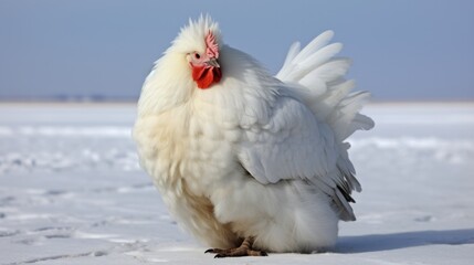 Wall Mural - A white chicken standing in the snow with a red beak, AI