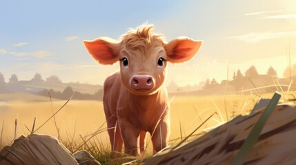 Canvas Print - A small brown cow standing in a field with grass and trees, AI