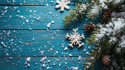 Poster - Snowflake resting on a blue wooden table surrounded by pine branches. Perfect for winter-themed designs and holiday decorations