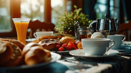 Poster - A table set with a plate of food and a glass of orange juice. Perfect for illustrating a meal or showcasing a healthy breakfast option