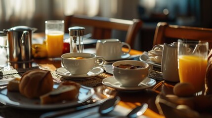 Poster - A wooden table adorned with plates of delicious food and cups of refreshing orange juice. Perfect for showcasing a delectable meal or a festive brunch setting