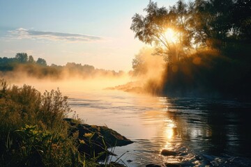 Poster - The sun shines through the mist on the water, creating a serene and ethereal atmosphere. Perfect for nature-themed designs and projects