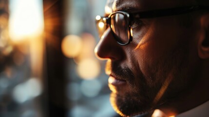 Poster - A man wearing glasses looks out of a window. Perfect for depicting curiosity, contemplation, or daydreaming.