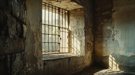Poster - An image of a window with bars in an old building. This picture can be used to depict security, confinement, or a historical setting
