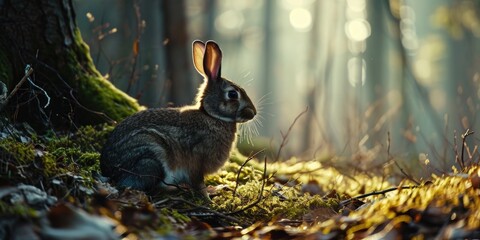 Poster - A rabbit is sitting in the grass near a tree. This image can be used to depict a peaceful outdoor scene