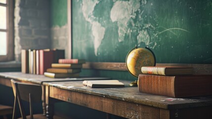 Aufkleber - A desk with books and a globe, perfect for educational and travel concepts