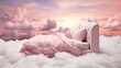 A pink bed is floating on the clouds with a beautiful sunset in the background