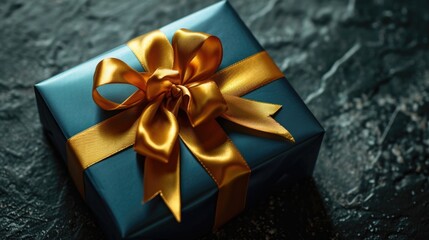 Poster - A beautiful blue gift box with a shiny gold ribbon. Perfect for any special occasion or celebration