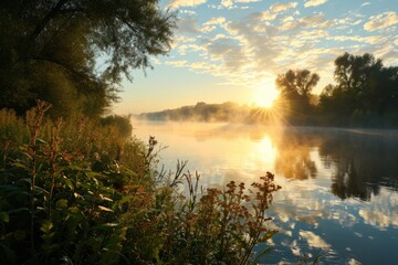 Poster - A beautiful sunset scene with the sun setting over the water, while grass is visible in the foreground. This image can be used to depict nature, tranquility, and the beauty of the outdoors