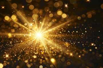 Poster - A shining golden starburst illuminating a dark black background. Ideal for adding a burst of light and energy to any design