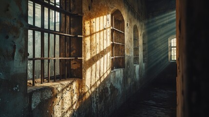 Poster - Sunlight shines through the bars of an old jail cell window. This image can be used to depict confinement, isolation, or the contrast between freedom and imprisonment