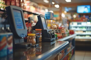 Poster - A cash register placed on a counter, ready for transactions. Ideal for depicting retail, sales, or business concepts