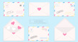 Mail envelopes set. Love mail and heart postale stamps and marks. Valentine's day vector illustration in flat style