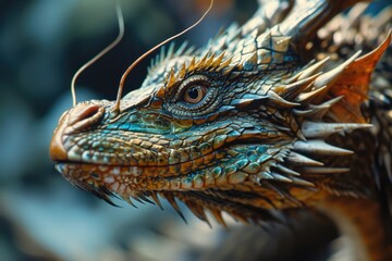 Poster - A detailed close-up of a lizard's head with a blurry background. This image can be used to showcase the intricate features of reptiles or to depict wildlife in its natural habitat