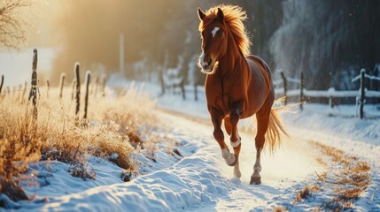 Canvas Print - A brown horse running in the snow near a fence. Suitable for winter-themed projects and animal-related designs