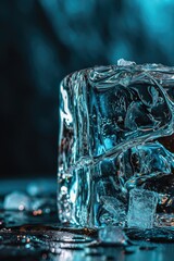 Poster - A block of ice sitting on top of a table. Can be used for concepts related to cold, melting, or cooling