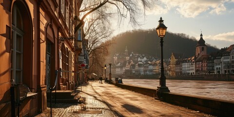 Poster - A street light illuminating a sidewalk next to a building. This picture can be used to depict urban landscapes or to symbolize safety and security in a city setting