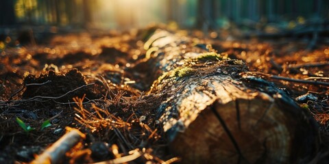 Poster - A log laying in the middle of a forest. Can be used to depict nature, forestry, or outdoor activities