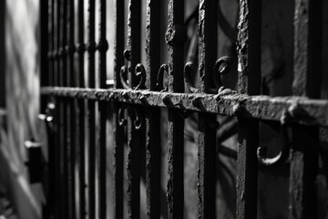 Poster - A black and white photo capturing a metal fence. Suitable for various purposes
