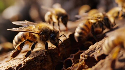 Poster - Bees sitting on a piece of wood. Can be used to depict nature, insects, or beekeeping
