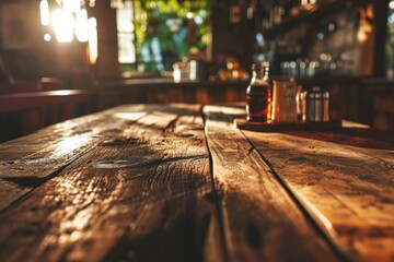 Poster - A wooden table topped with bottles of various types of alcohol. Perfect for showcasing a collection or setting the mood for a party.