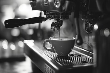 Poster - A cup of coffee being poured into a coffee machine. Suitable for coffee lovers and kitchen-related designs